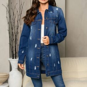 Denim Button Up Distressed Long Sleeve Jacket Mini Dress Ripped